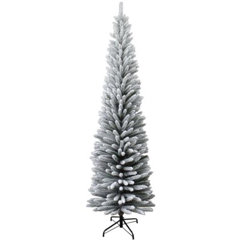 8FT Snow Flocked Artificial Slim Christmas Pencil Tree Holiday Home Decorations with Pointed Tips and Metal Stand