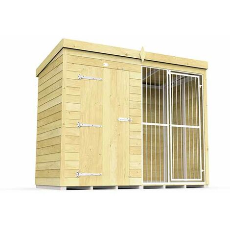8ft X 4ft Dog Kennel and Run Full Height with Bars - Wood - L118 x W243 x H201 cm