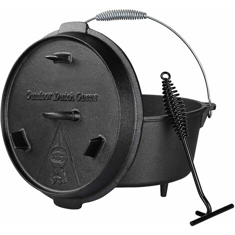 8L Dutch Oven, Casserole en Fonte, Four Néerlandais, Rôtissoire avec Soulève-Couvercle et Poignée en Spirale, Pré traités et Guéris, pour Barbecue, Rôtissage, Cuisson
