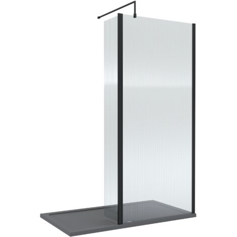 8mm Fluted Glass Walk In Wetroom Screen and Hinged Return with Black Profile and Grey Shower Tray - 1400 x 800mm