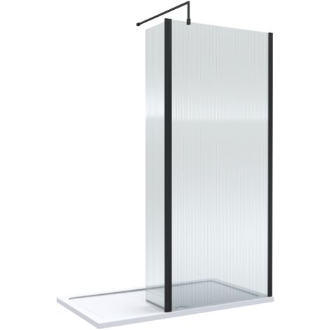 8mm Fluted Glass Walk In Wetroom Screen and Hinged Return with Black Profile and Shower Tray - 1400 x 900mm