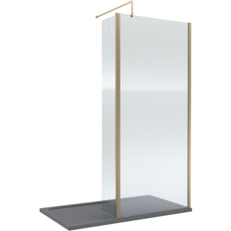8mm Fluted Glass Walk In Wetroom Screen and Hinged Return with Brushed Brass Profile and Grey Shower Tray - 1400 x 900mm