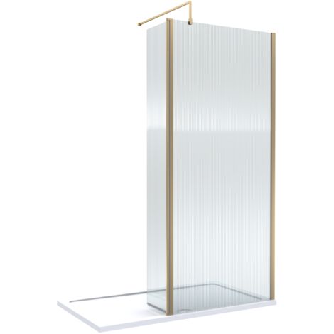 8mm Fluted Glass Walk In Wetroom Screen and Hinged Return with Brushed Brass Profile and Shower Tray - 1400 x 800mm