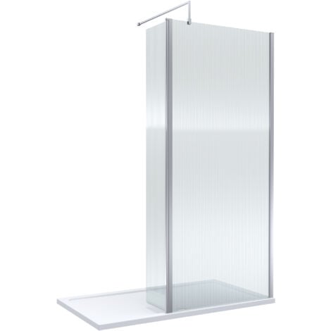 8mm Fluted Glass Walk In Wetroom Screen and Hinged Return with Chrome Profile and Shower Tray - 1400 x 800mm