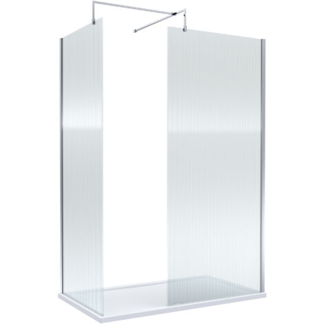 8mm Fluted Glass Walk In Wetroom Screen with Chrome Profile and White Shower Tray - 1400 x 900mm