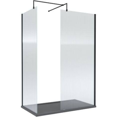 8mm Fluted Glass Walk In Wetroom Screen with Matt Black Profile and Slate Grey Shower Tray - 1400 x 800mm