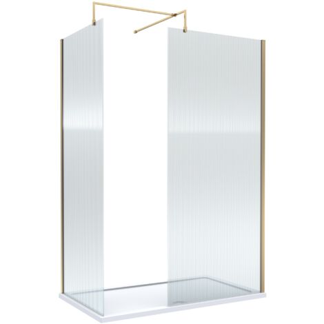 8mm Fluted Glass Walk In Wetroom Screens with Brushed Brass Profile and White Shower Tray - 1400 x 900mm