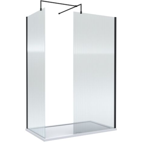8mm Fluted Glass Walk In Wetroom Screens with Matt Black Profile and White Shower Tray - 1400 x 900mm