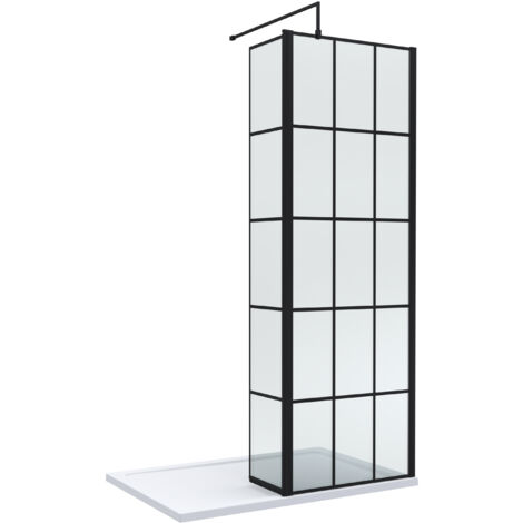 8mm Glass Walk In Wetroom Screen and Hinged Return Screen with Black Framed Design and Shower Tray - 1200 x 700mm
