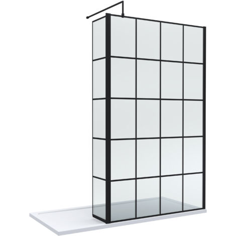 8mm Glass Walk In Wetroom Screen and Hinged Return Screen with Black Framed Design and Shower Tray - 1700 x 700mm