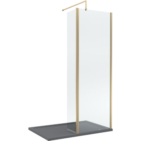 8mm Glass Walk In Wetroom Screen and Hinged Return Screen with Brushed Brass Profile and Grey Shower Tray - 1200 x 700mm