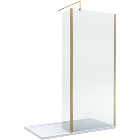 8mm Glass Walk In Wetroom Screen and Hinged Return Screen with Brushed Brass Profile and Shower Tray - 1400 x 800mm