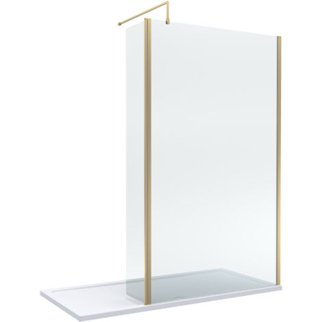 8mm Glass Walk In Wetroom Screen and Hinged Return Screen with Brushed Brass Profile and Shower Tray - 1700 x 800mm
