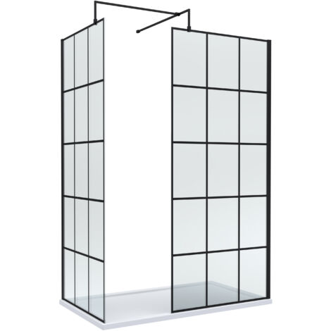8mm Glass Walk In Wetroom Screens with Black Framed Design and White Shower Tray - 1400 x 700mm