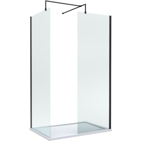 8mm Glass Walk In Wetroom Screens with Matt Black Profile and White Shower Tray - 1200 x 800mm