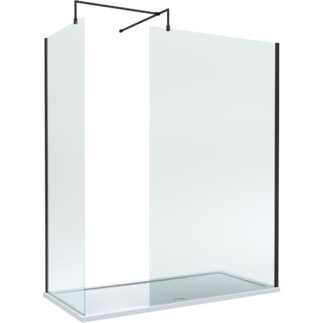 8mm Glass Walk In Wetroom Screens with Matt Black Profile and White Shower Tray - 1700 x 900mm