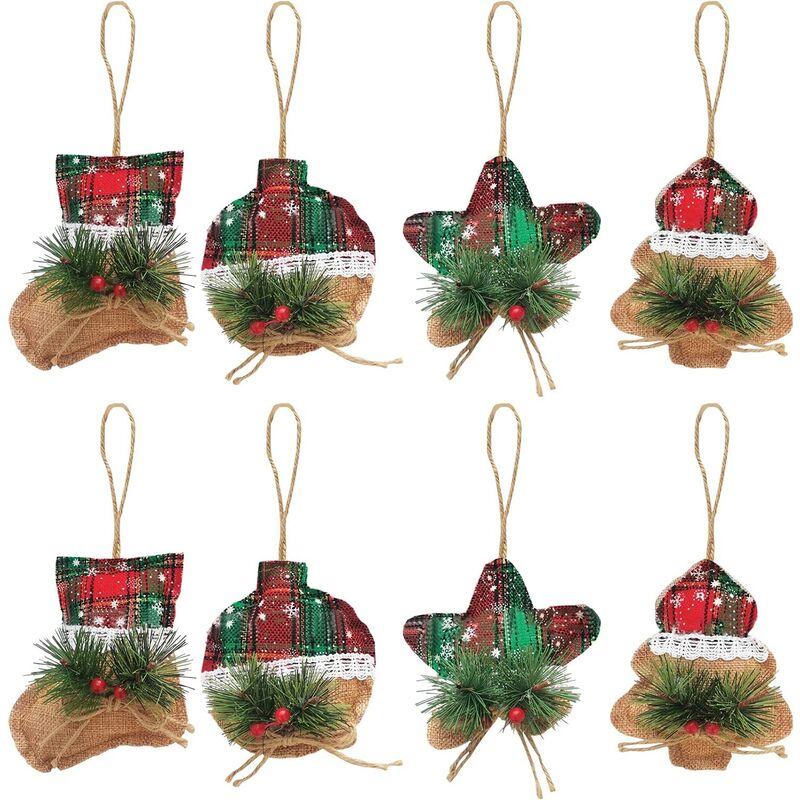

8Pcs Adornos para árboles de Navidad Medias de yute para árboles de Navidad Adornos colgantes Medias de decoración Bola de estrellas Árbol de bayas