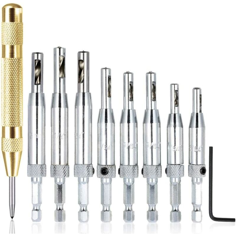 8pcs Center Drill Bit Sets with Auto Center Punch, 1/4'' Furniture Door Self Centering Hinge Hole Punch Woodworking Tools