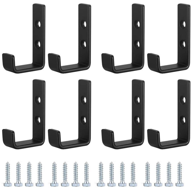 Csparkv - 8Pcs Crochets Muraux Robustes, Crochets en j pour Garage, Crochets Universels Noirs à Visser, Porte-manteaux, Patères Solides, pour