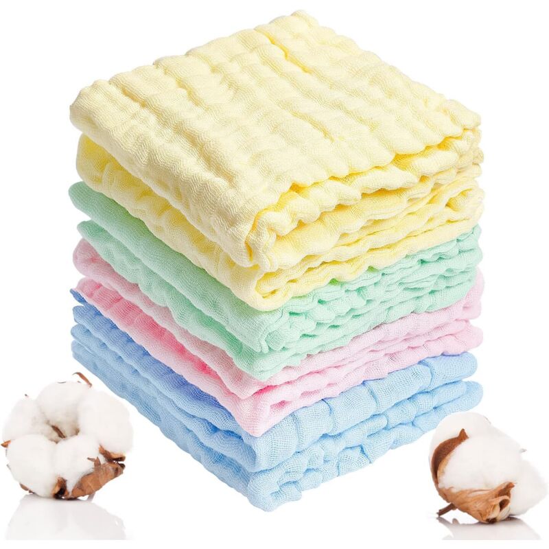 8pcs Débarbouillettes Bébé en Mousseline, 25 x 25cm Lavable Serviette Visage Bébé en Coton Douces Langes Coton Bébé pour Essuyer Main Visage Corps
