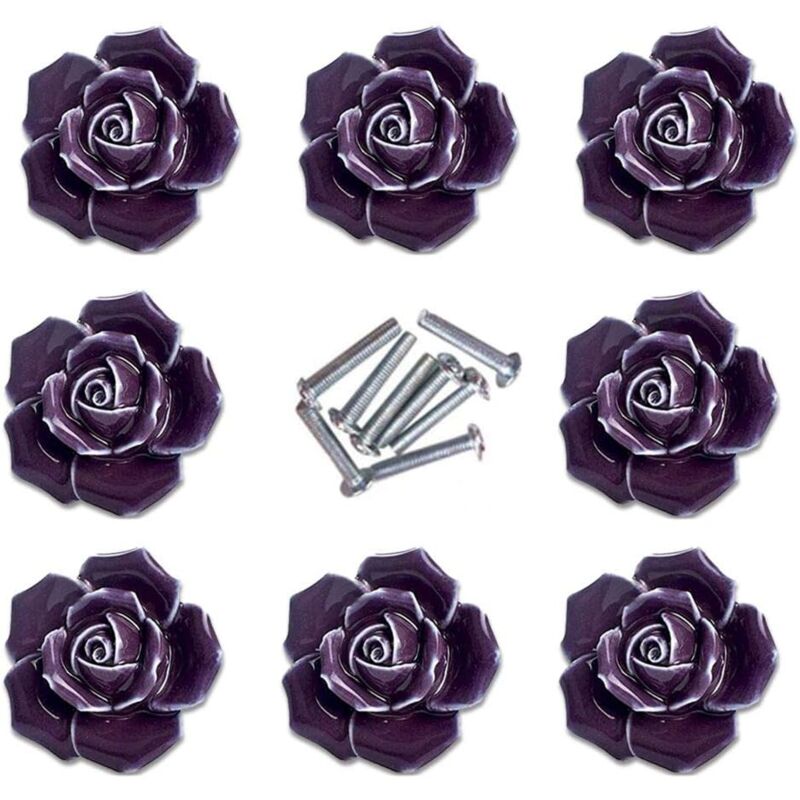 8pcs élégant violet rose tire fleur céramique armoire boutons placard tiroir tirer poignées
