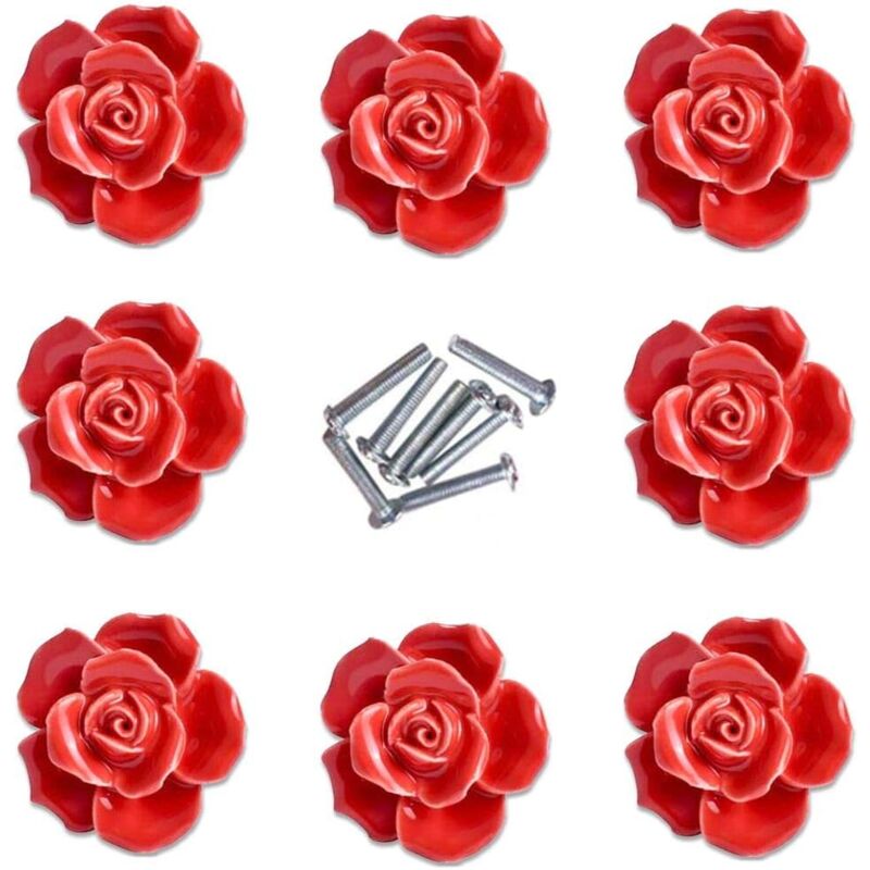 8pcs élégante rose rouge tire fleur boutons de meuble en céramique poignées de tiroir de placard