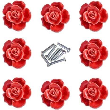 8pcs élégante rose rouge tire fleur boutons de meuble en céramique poignées de tiroir de placard