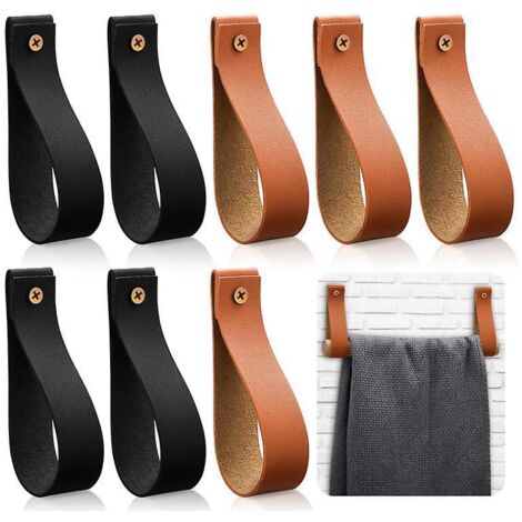 8pcs Noir+marron Poignes En Cuir Pour Meubles, Poignee Meuble, Poignee De Porte Pour Armoire Bouton Placard Garde-robe, Anti-collision, Poigne De