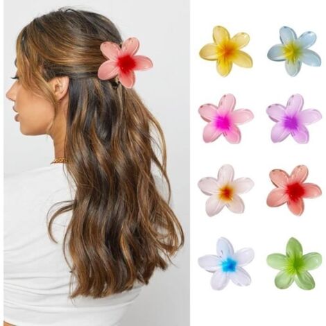 8Pcs Pince Cheveux Fleur,Pinces à Cheveux Plumeria Clip,Pinces à Griffes Antidérapantes,Cheveux Fleur Artificielle en Plastique Grip