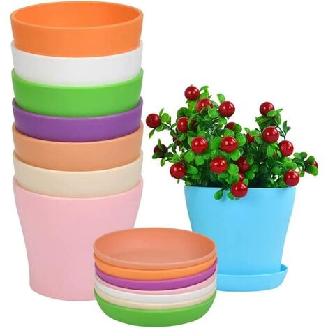 8pcs Pot de Fleurs avec Soucoupe en Plastique 14cm, Pots de Plantes Couleur Vive pour Extérieurs et Intérieurs
