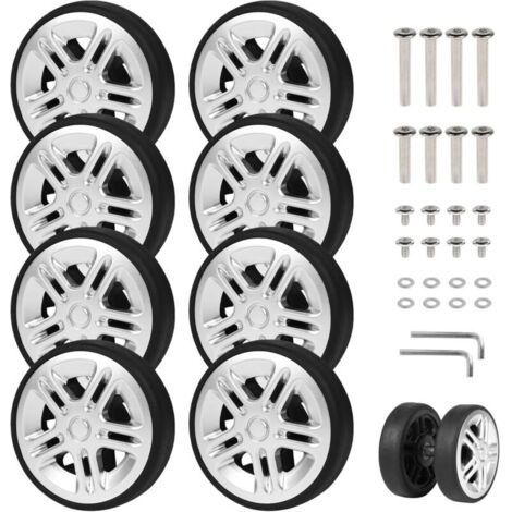 8pcs Roue Valise à Roues de Bagages Universelle 50 x 11 mm Roulette Valise Remplacement Roulette Valises en Caoutchouc avec Essieux Roue de Rechange des Réparations de Valises Argent