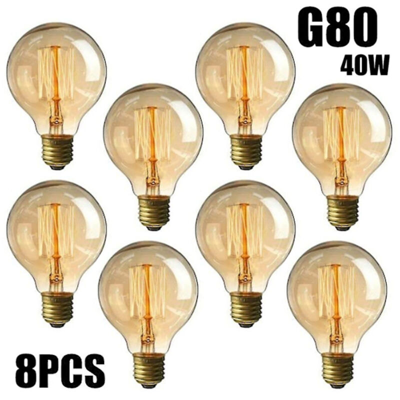 8Pcs Vintage Edison G80 Bulbs E27 40W 220V – Warm White Light, Classic Filament Globe