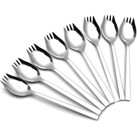 8Pièces En Acier Inoxydable 304 2 En 1 Fourchette à Soupe Cuillère à Soupe Fourchette à Salade Cuillère à Spaghetti, Utilisée Pour Les Fruits, La Crème Glacée, Convient Au Camping En Plein Air