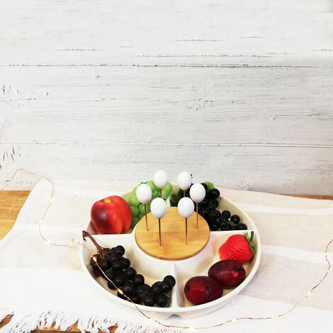 8tlg. Servierset Ø25x3,6cm Keramik - Holz Schale Servierteller Teller Snack-Teller Snackschale Servierschale Schälchen Keramikschale Excellent Houseware Snack, Ø 25 cm, Porzellan