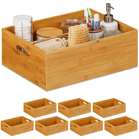 8x Caisse de rangement bambou, solide, boîte sans couvercle, H x L x P : 40 x 30 x 14 cm, salle de bain, cuisine, nature