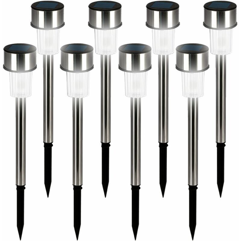 ® Pack of 8 White LED Solar Powered Garden Lights – Brushed Stainless Steel | Automatic On / Off, Rechargeable, Stake Lamps, NO WIRES,