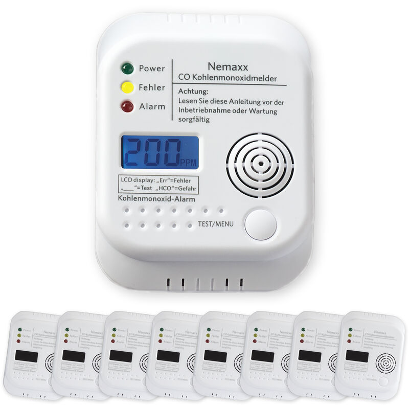 

8x Detector de CO Monoxido de carbono Detector de Gas Alarma de gas Detector de humo según la norma DIN EN50291 - Nemaxx