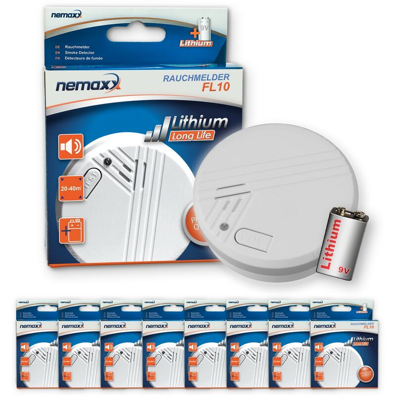 

Nemaxx - 8x FL10 detector de humo con batería de litio de 10 años , Alarma de seguridad contra incendios - de acuerdo a la norma DIN EN 14604