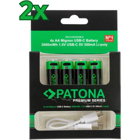 8x PATONA Premium USB-C 4x AA Akkus Lithium 1.5V 3000mWh (2x 4er Blister)