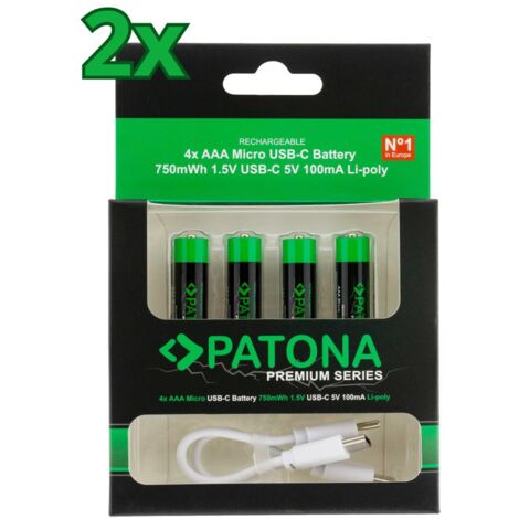 8x PATONA Premium USB-C AAA Akkus Lithium 1.5V 750mWh (2x 4er Blister)