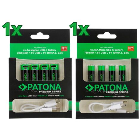 8x PATONA Premium USB-C AAA und AA Akkus Lithium (2x 4er Blister)