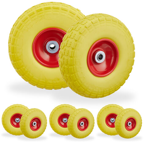 8x Ruote per Carrello, Pneumatici in Gomma Antipanne, 4.1/3.5-4, Asse 16mm, fino a 150 kg, 260x85mm, Giallo Rosso