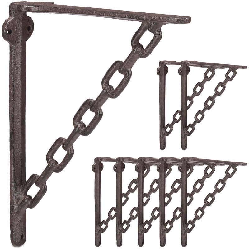 Relaxdays - Set of 8 Cast Iron Shelf Brackets, Antique Look, Extraordinary Chain Design, Support for Shelves, Rusty Brown