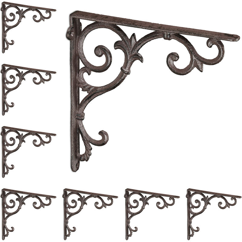 8x Shelf Brackets, Cast Iron, Rack Support, Vintage Motif, hwd: 24.5 x 4 x 24.5 cm, Angle for Shelves, Brown - Relaxdays