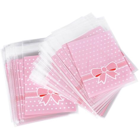 8x10CM+3CM 200pcs Bag Candy Pouches Pink Bow Tie Design with Self Adhesive for Candy Jewelry Objects
