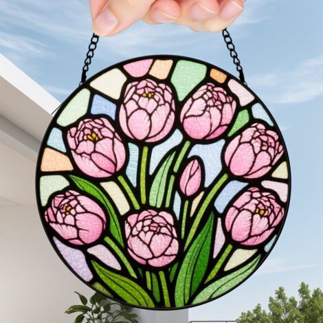 9 cm Attrape-soleil fleurs sauvages coucher de soleil en verre coloré, décoration murale