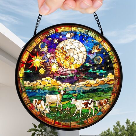 9 cm Décor vitrail oiseau et fleurs attrape-soleil, panneau suspendu, cadeau maman grand-mère