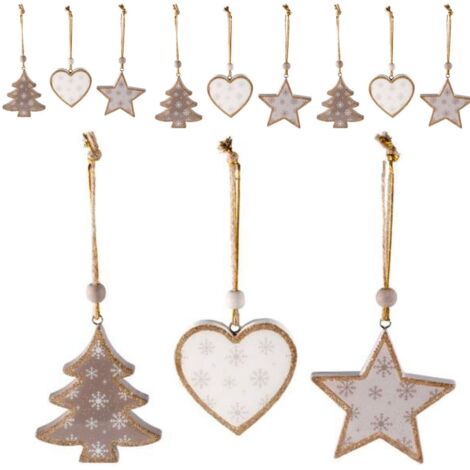9 Decorazioni Natalizie da Appendere in Legno con Cuora, Albero, Stella