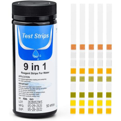 9 en 1 Bandelettes de Test pour Piscine, Lot de 50 Bandelette Piscine Test de Qualité d'eau sur Alcalinité Totale/pH/Dureté/Fer/Cuivre/Plomb/Nitrate/Nitrite/Fluorure