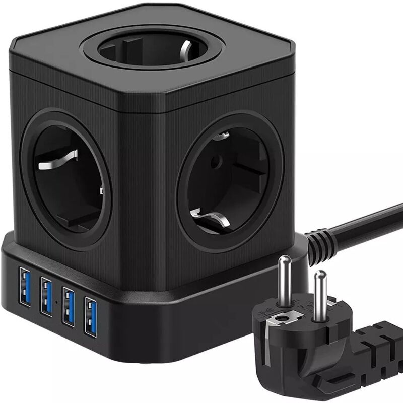 9 en 1 Multiprise Electrique , multiprise 5 prises avec 4 usb, 2500 w Powercube câble de 2 m pour bureau, maison, noir